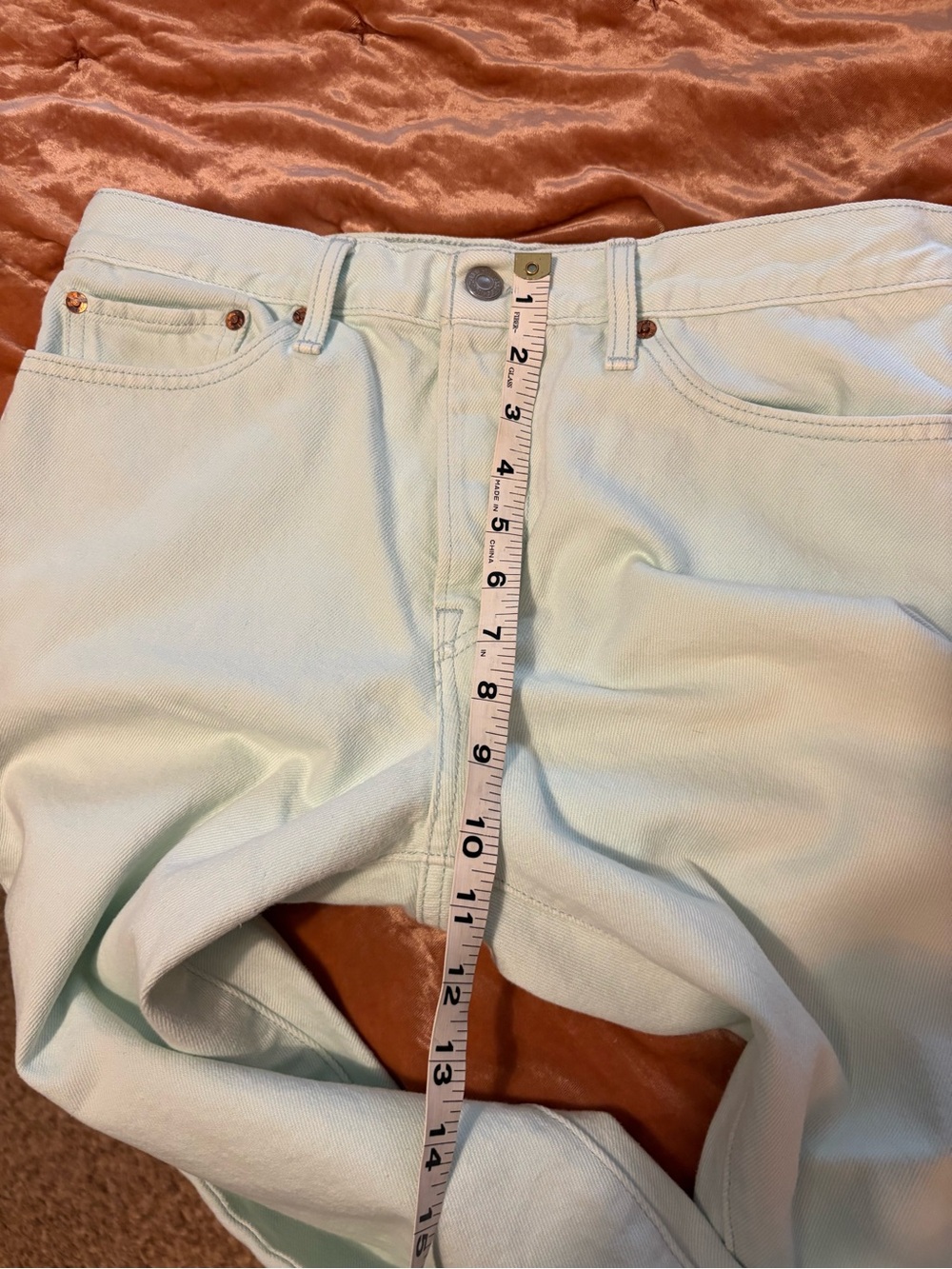 Light Green 100% Cotton High Waisted Ankle Jeans with Vintage Red Pom Trim - Picture 4 of 10